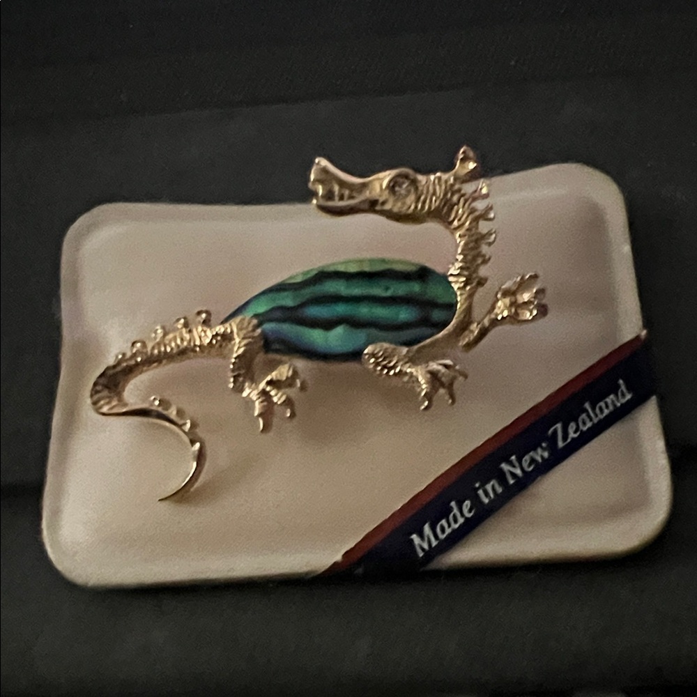 Vintage Dragon Gold Tone and Green made in New Zealand Brooch on card  Fantasy